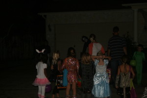 Rachel and the neighborhood girls waiting to get scared!