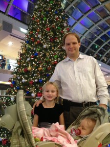 Bryan, the girls, and the huge Christmas tree!