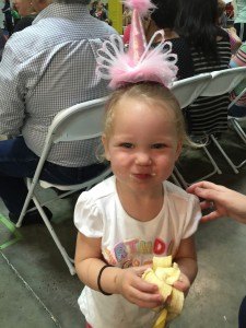 Sarah celebrating her actual birthday at one of Rachel's gymnastics meets 